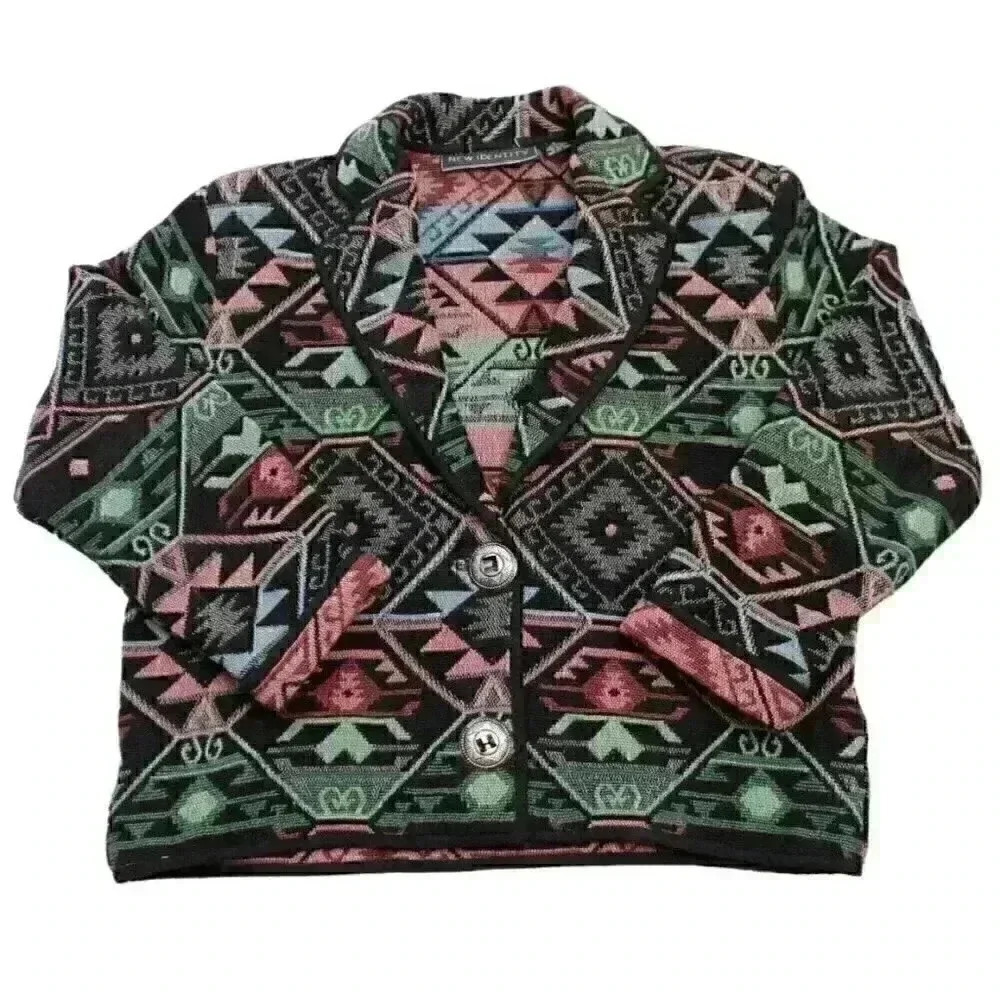 Vintage 90s Women's Medium Multicolor Southwestern Aztec Tapestry Blazer Jacket